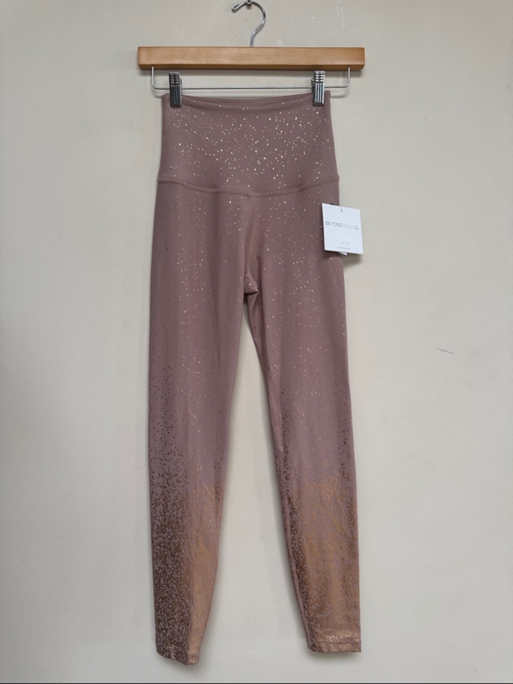 Beyond Yoga Rose Taupe Leggings with Metallic Gold Detail